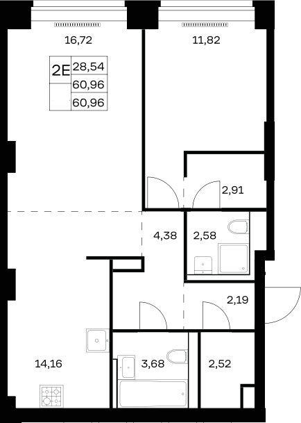2-комн., 60.96 м², 10/32 этаж, ЖК «НОВА»
