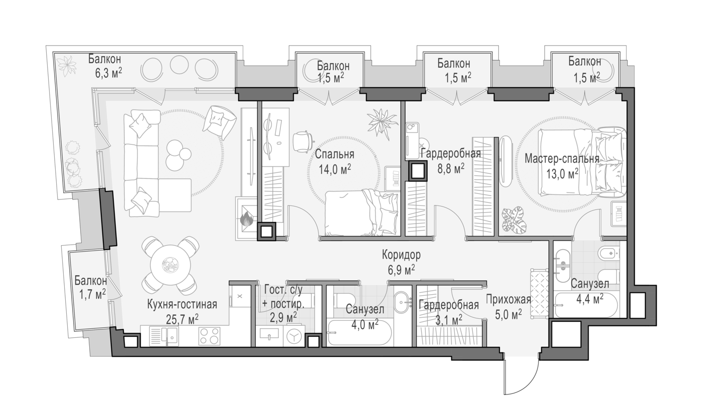3-комн., 90.75 м², 4/6 этаж, ЖК «Квартал Тишинский бульвар»