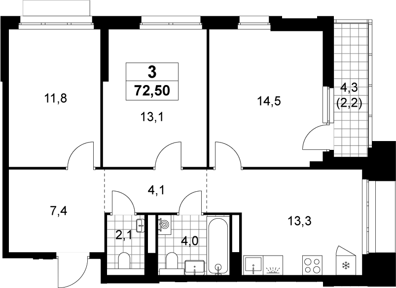3-комн., 70.3 м², 4/22 этаж, ЖК «Деснаречье»