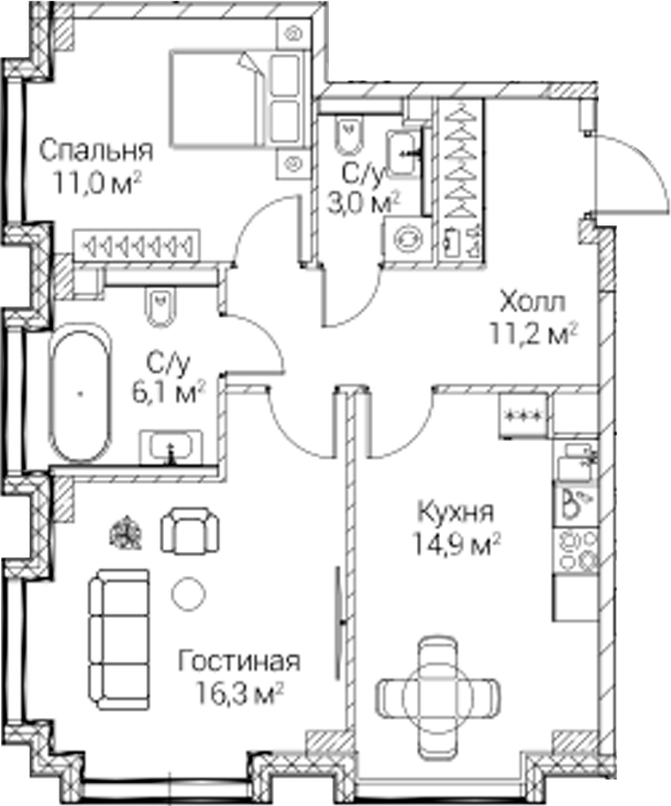 2-комн., 62.06 м², 2/6 этаж, ЖК «СЕЗАР БУДУЩЕЕ»