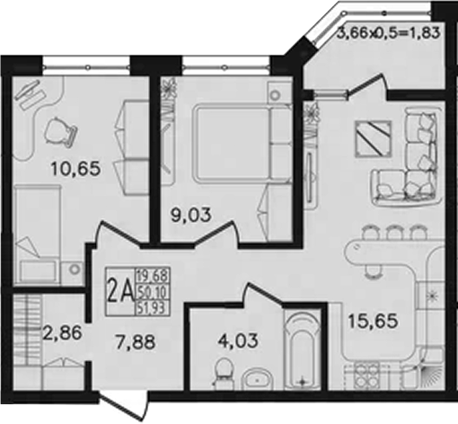 3-комн. квартира, 50.1 м² в ЖК Яблоневый — фото 2