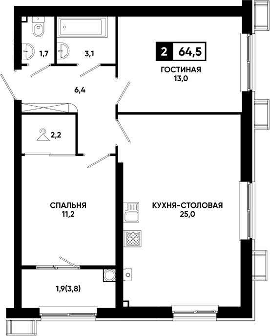2-комн., 62.6 м², 1/23 этаж, ЖК «Резиденция Софи»