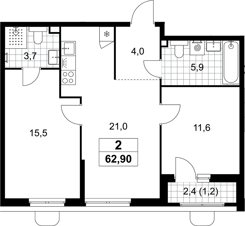 3-комн., 61.7 м², 2/10 этаж, ЖК «Прокшино»