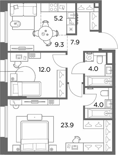 3-комн., 66.3 м², 5/6 этаж, ЖК «Станиславский»
