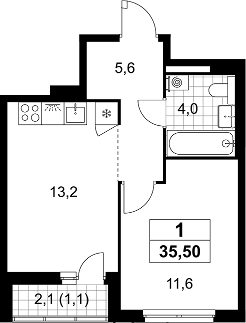 1-комн., 34.4 м², 9/12 этаж, ЖК «Деснаречье»