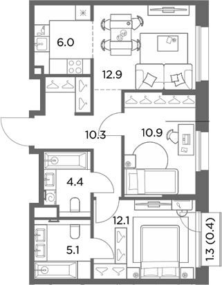3-комн., 61.7 м², 2/6 этаж, ЖК «Станиславский»
