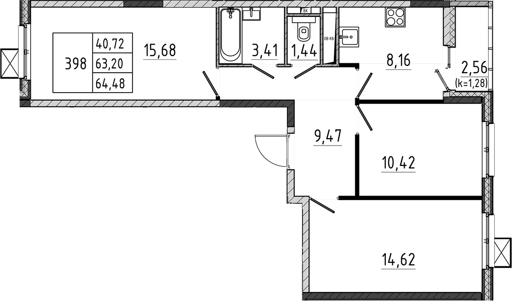 3-комн., 63.2 м², 6/17 этаж, ЖК «Поварово-Молодежный-2»