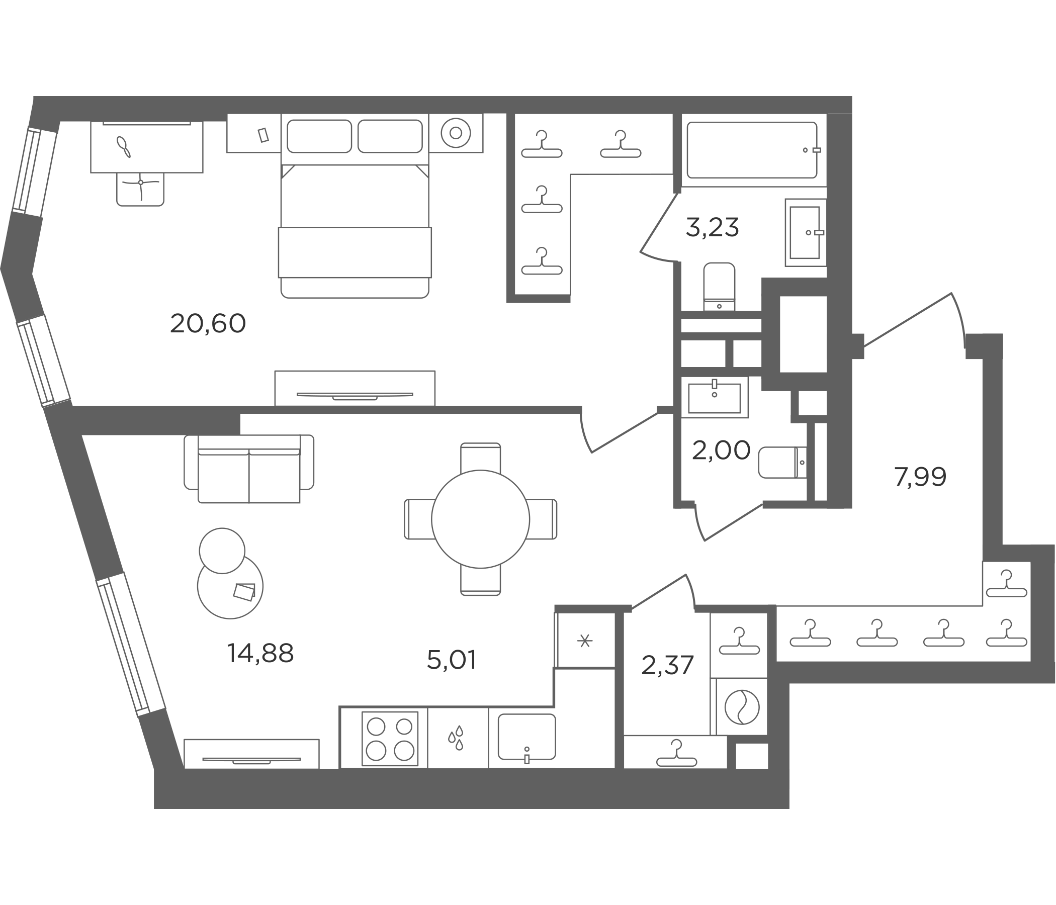 2-комн., 56.08 м², 18/30 этаж, ЖК «Сикрет Гарден»