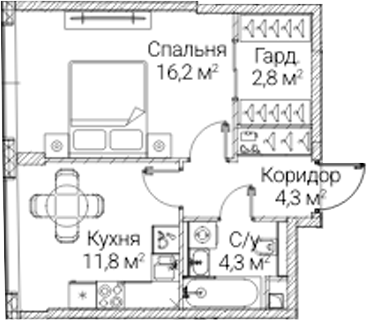 1-комн., 39.4 м², 30/41 этаж, ЖК «СЕЗАР БУДУЩЕЕ»