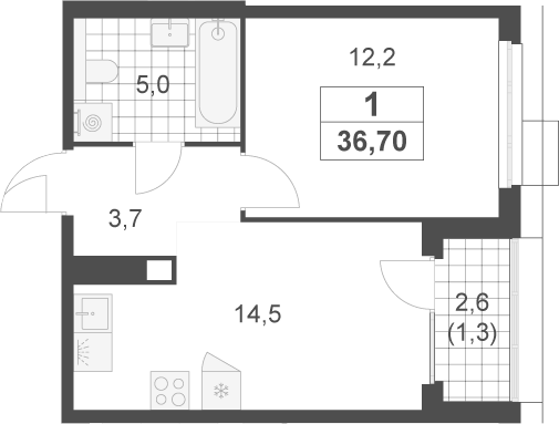 1-комн., 35.4 м², 14/17 этаж, ЖК «Скандинавия»