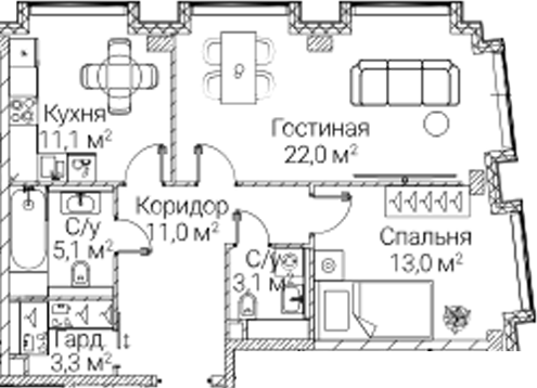 2-комн., 68.6 м², 11/12 этаж, ЖК «СЕЗАР БУДУЩЕЕ»