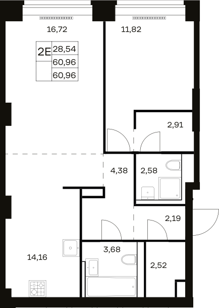 2-комн., 60.96 м², 5/32 этаж, ЖК «НОВА»