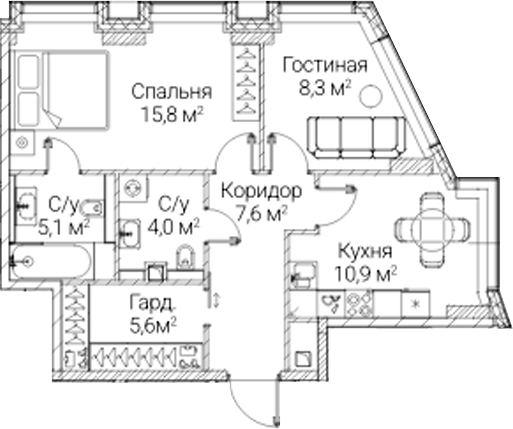 2-комн., 57.3 м², 36/41 этаж, ЖК «СЕЗАР БУДУЩЕЕ»