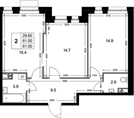2-комн., 61 м², 2/3 этаж, ЖК «Кореневский Форт 2.3»