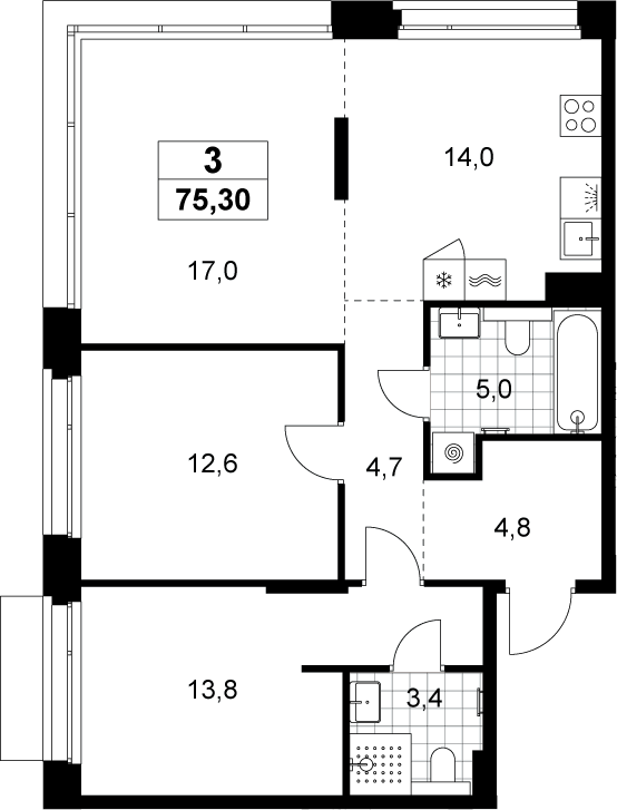 3-комн., 75.3 м², 5/8 этаж, ЖК «Хольм»