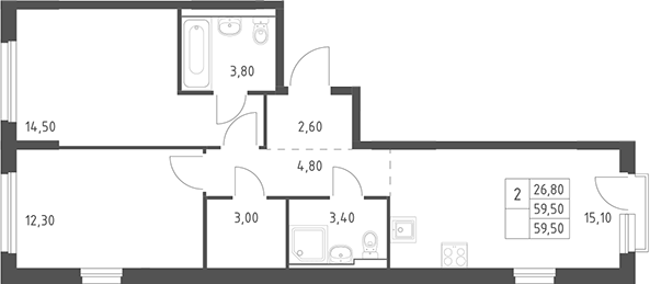 3-комн., 59.5 м², 14/20 этаж, ЖК «Химки Парк»