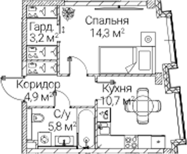 1-комн., 38.4 м², 12/12 этаж, ЖК «СЕЗАР БУДУЩЕЕ»