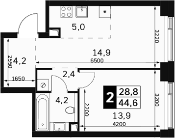 2-комн., 44.6 м², 7/40 этаж, ЖК «Амбер Сити»