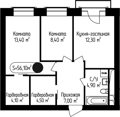 2-комн., 56.1 м², 3/3 этаж, ЖК «Пение Птиц»