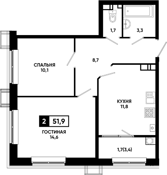 2-комн., 50.2 м², 2/23 этаж, ЖК «Резиденция Софи»