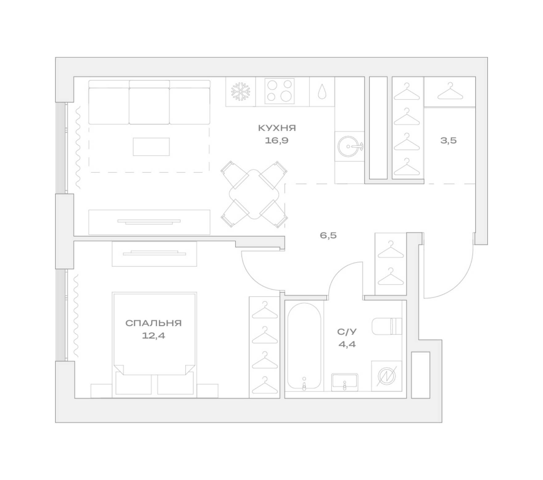 2-комн., 43.7 м², 8/9 этаж, ЖК «Детали»