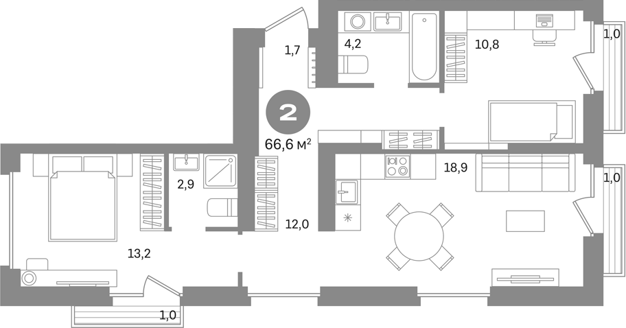 2-комн., 63.6 м², 7/8 этаж, ЖК «Первый квартал. Вторая очередь»
