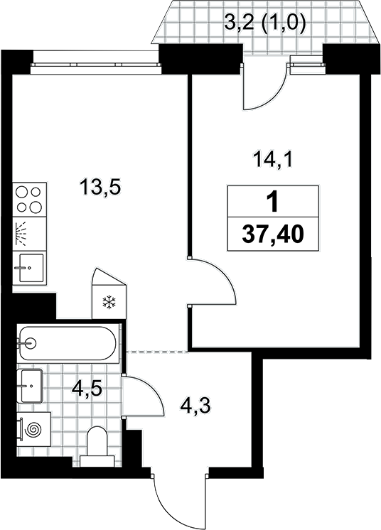 1-комн., 36.4 м², 9/10 этаж, ЖК «Прокшино»