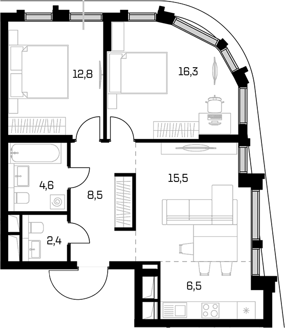 3-комн., 66.6 м², 12/20 этаж, ЖК «Дом 56»