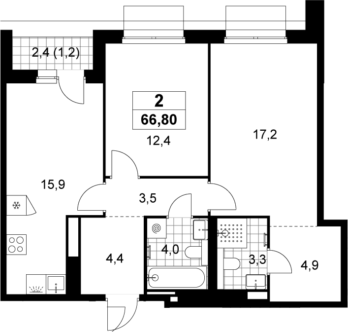 2-комн., 65.6 м², 15/15 этаж, ЖК «Деснаречье»