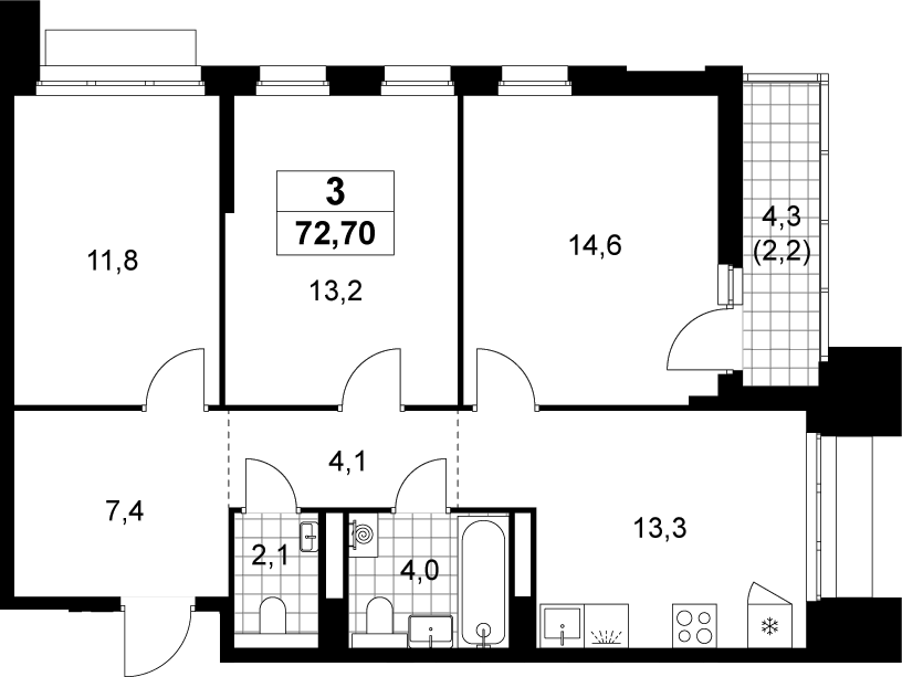 3-комн., 70.5 м², 10/22 этаж, ЖК «Деснаречье»