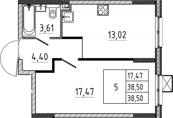 1-комн., 38.5 м², 3/17 этаж, ЖК «Поварово-Молодежный-2»
