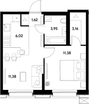 2-комн., 37.51 м², 10/25 этаж, ЖК «ЭВО»