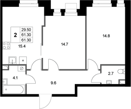 2-комн., 61.3 м², 1/3 этаж, ЖК «Кореневский Форт 2.3»