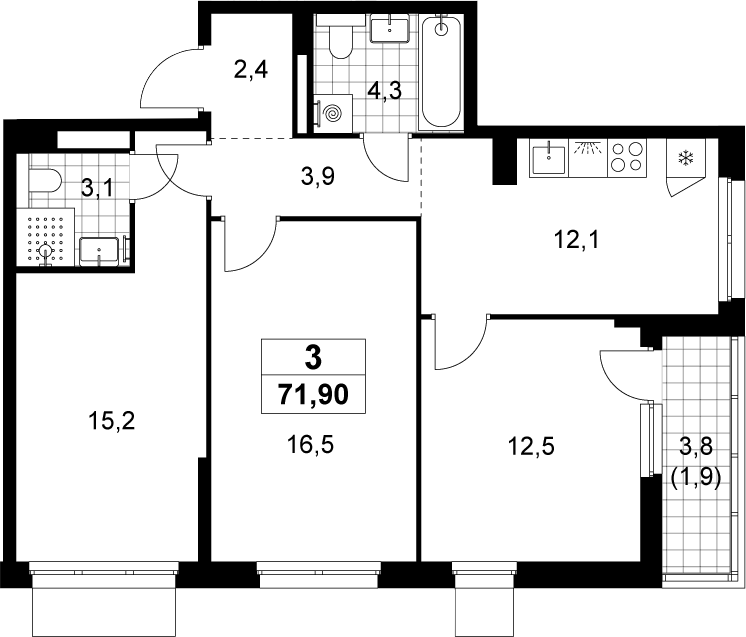 3-комн., 70 м², 11/19 этаж, ЖК «Деснаречье»