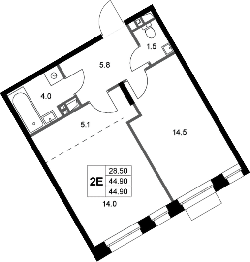 2-комн., 44.9 м², 2/3 этаж, ЖК «Кореневский Форт 2.3»