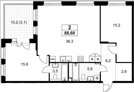3-комн., 85.5 м², 5/8 этаж, ЖК «Хольм»