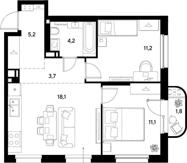 2-комн., 53.5 м², 3/9 этаж, ЖК «Грейд»