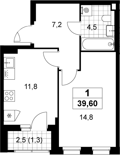 1-комн., 38.3 м², 2/12 этаж, ЖК «Деснаречье»