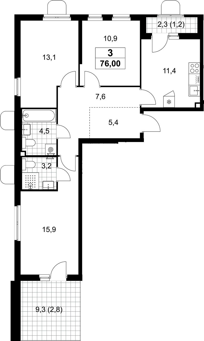 3-комн., 72 м², 2/10 этаж, ЖК «Прокшино»