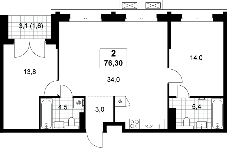 3-комн., 74.7 м², 12/13 этаж, ЖК «Хольм»