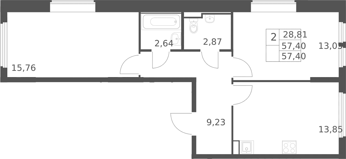 2-комн., 57.4 м², 5/14 этаж, ЖК «Остафьево»