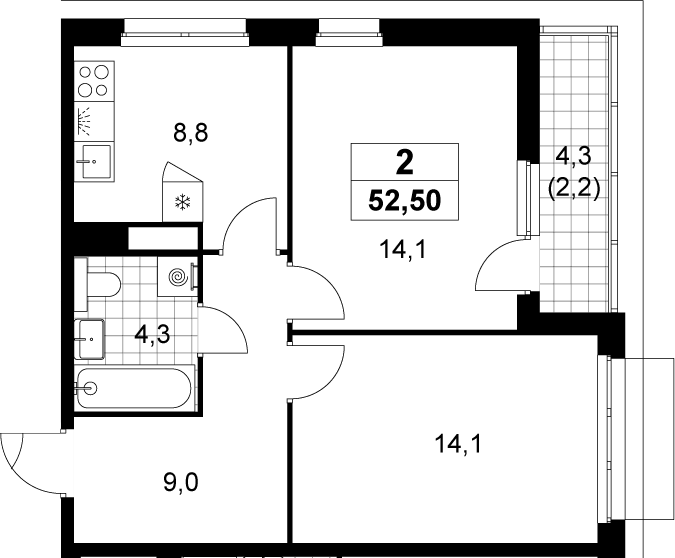 2-комн., 50.3 м², 8/15 этаж, ЖК «Деснаречье»