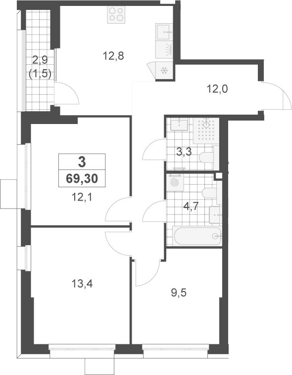 3-комн., 67.8 м², 2/22 этаж, ЖК «Скандинавия»