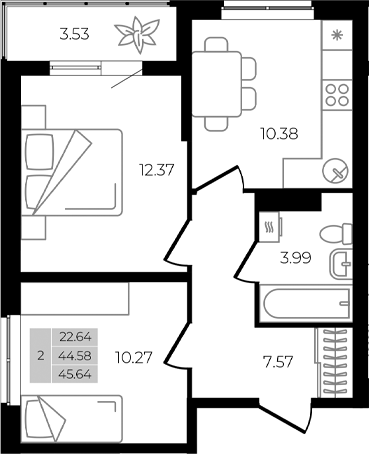 2-комн. квартира, 44.58 м² в ЖК Курортный регион — фото 2