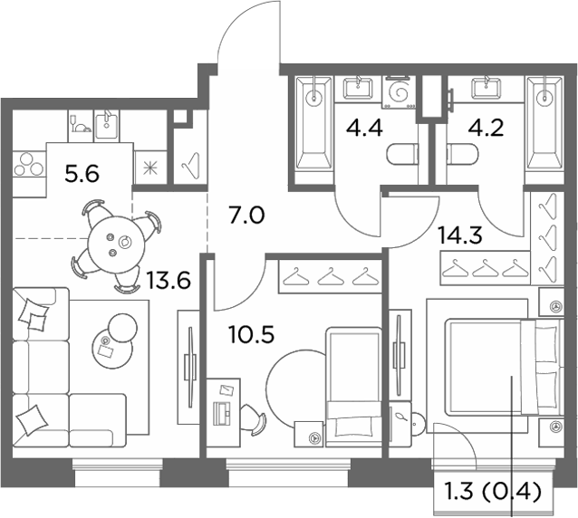 3-комн., 59.6 м², 6/6 этаж, ЖК «Станиславский»