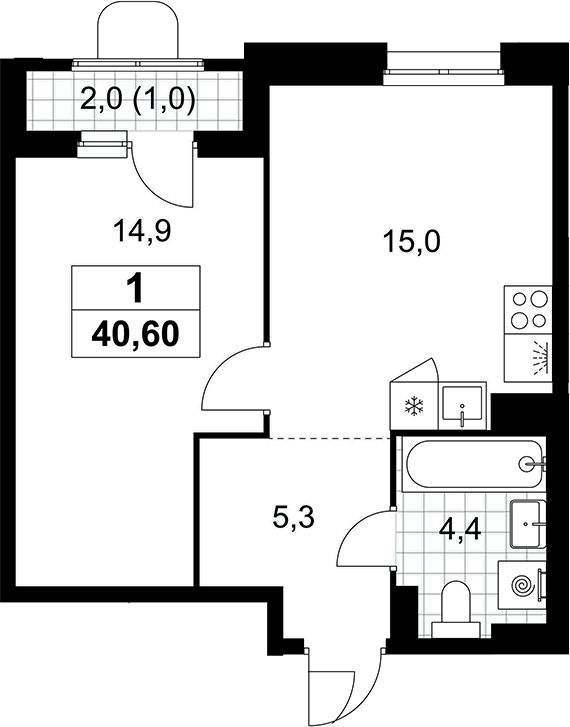2-комн., 39.6 м², 8/10 этаж, ЖК «Прокшино»
