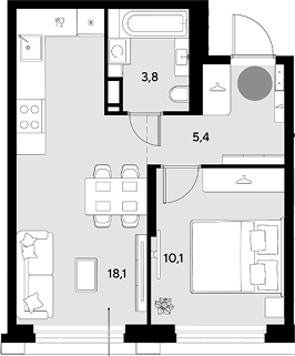 1-комн., 37.4 м², 9/9 этаж, ЖК «Грейд»
