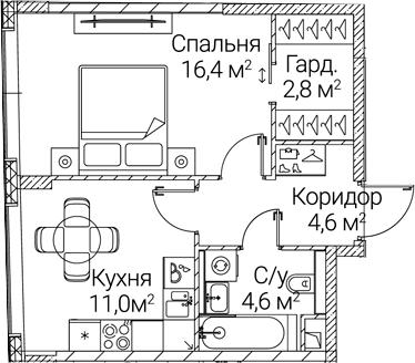 1-комн., 39.4 м², 34/41 этаж, ЖК «СЕЗАР БУДУЩЕЕ»