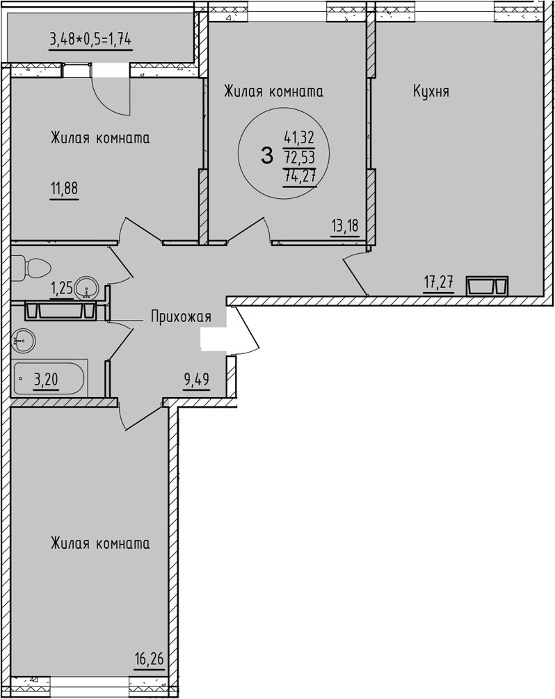 3-комн. квартира, 77.06 м² в ЖК Друг — фото 2