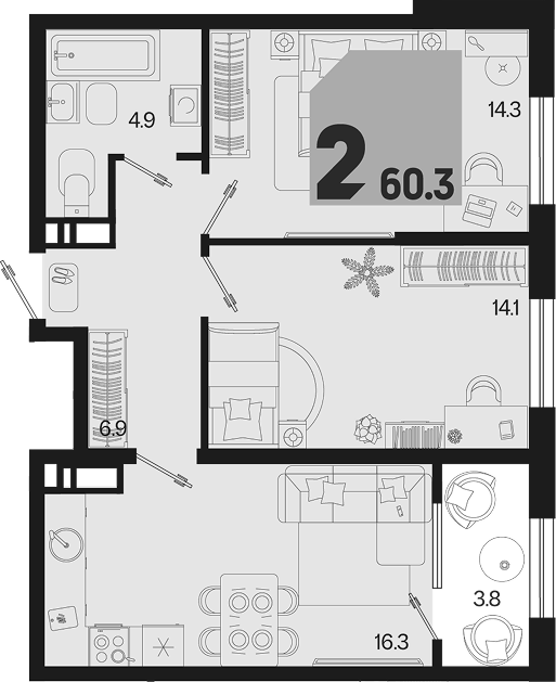 2-комн. квартира, 56.5 м² в ЖК Первое место — фото 2